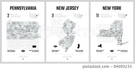 Highly detailed vector silhouettes of US state maps, Division United States into counties, political and geographic subdivisions of a states, Mid-Atlantic - Pennsylvania, New Jersey, New York - set 3 84093233