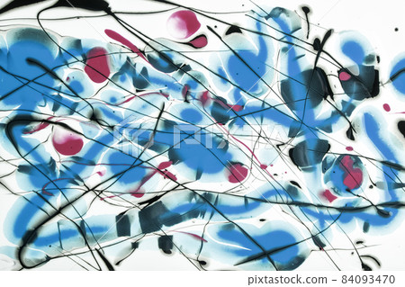 Black and blue lines and splashes drawn on white background. Abstract art spotted backdrop with purple brush stroke. 84093470