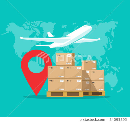Air logistics cargo delivery global mail service by plane vector or aircraft freight airmail parcels packages world courier concept flat cartoon, airmail shipping transport tracking and export idea Air logistics cargo delivery global mail service by plane vector or aircraft freight airmail parcels packages world courier concept flat cartoon, airmail shipping transport tracking and export idea 84095893