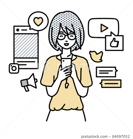 A female teacher who stands up and interacts happily on various SNS on her smartphone A female teacher who stands up and interacts happily on various SNS on her smartphone 84097052