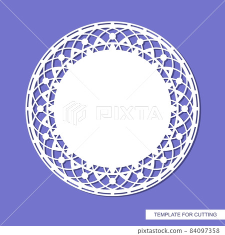 Round carved blank. Decorative frame with a lace geometric pattern of interweaving lines along the edge. Copy space in the center. Layout for plotter laser cutting of paper, cnc. Vector illustration. Round carved blank. Decorative frame with a lace geometric pattern of interweaving lines along the edge. Copy space in the center. Layout for plotter laser cutting of paper, cnc. Vector illustration. 84097358