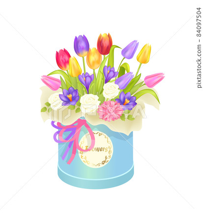 Bouquet and Box with Flowers Vector Illustration Bouquet and Box with Flowers Vector Illustration 84097504