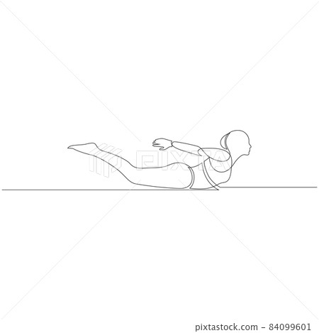 Woman doing Yoga Locust Pose. Continuous line drawing. Yoga class exercise concept. Vector illustration 84099601