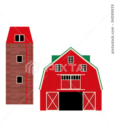一個筒倉和一個穀倉在一個簡單的鄉村景觀中的插圖,一個牛棚的白色背景 一個筒倉和一個穀倉在一個簡單的鄉村景觀中的插圖,一個牛棚的白色背景 84099939