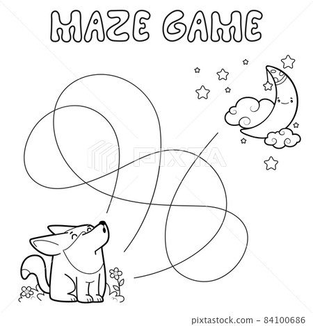 Maze puzzle game for children. Outline maze or labyrinth. Find path game with wolf. Maze puzzle game for children. Outline maze or labyrinth. Find path game with wolf. 84100686