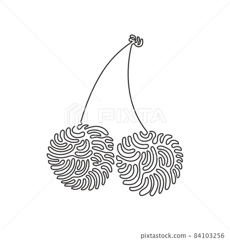 Single one line drawing whole healthy organic cherries for orchard logo identity. Fresh fruitage concept for fruit garden icon. Swirl curl style. Continuous line draw design vector illustration 84103256