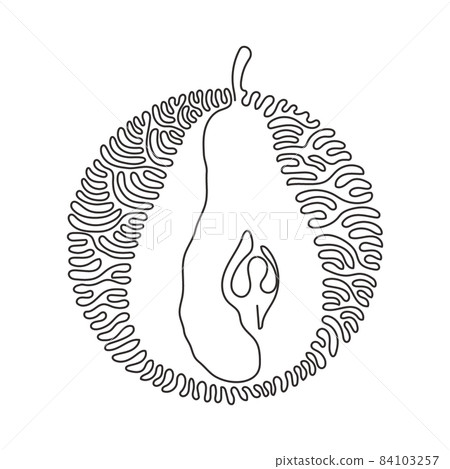 Single one line drawing sliced healthy organic pear for orchard logo. Fresh summer fruitage for fruit garden icon. Swirl curl circle background style. Continuous line draw design vector illustration Single one line drawing sliced healthy organic pear for orchard logo. Fresh summer fruitage for fruit garden icon. Swirl curl circle background style. Continuous line draw design vector illustration 84103257