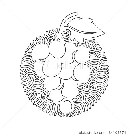 Single one line drawing healthy organic grapes for vineyard logo. Fresh tropical fruitage concept for fruit orchard garden icon. Swirl curl circle background style. Continuous line draw design vector 84103274