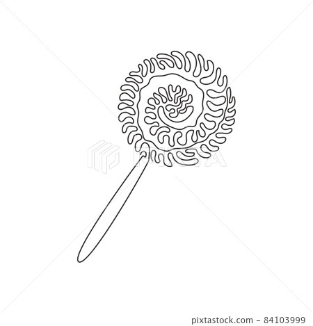 Single continuous line drawing swirl lollipops. Colored sugar candies for dessert. Sweet candy on stick with twisted design. Swirl curl style. Dynamic one line draw graphic design vector illustration 84103999