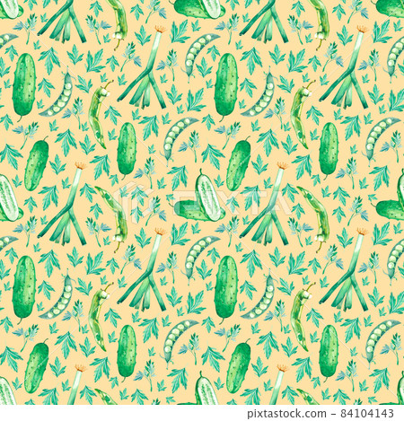 Watercolor pattern with green vegetables, onions, peas, parsley Watercolor pattern with green vegetables, onions, peas, parsley 84104143
