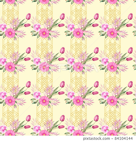Watercolor pattern with golden geometric patterns and floral Watercolor pattern with golden geometric patterns and floral 84104144