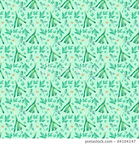 Watercolor pattern with green vegetables, onions, parsley Watercolor pattern with green vegetables, onions, parsley 84104147