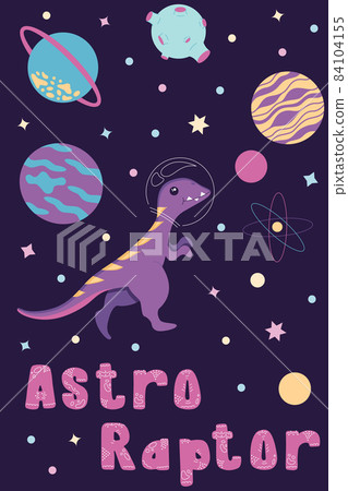 Postcard of astro raptor in a helmet from a spacesuit flies through space, stars and planets. Illustration in a flat style, isolated on a purple background. Vector illustration 84104155