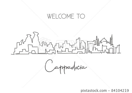 Single one line drawing Cappadocia city skyline, Turkey. World historical town landscape. Best holiday destination postcard art. Editable stroke trendy continuous line draw design vector illustration 84104219