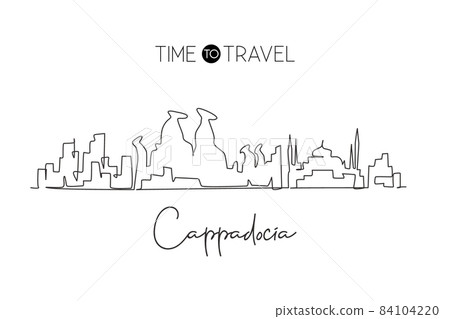 Continuous one line drawing Cappadocia city skyline, Turkey. Beautiful landmark artwork. World landscape tourism travel wall decor poster print art. Stylish single line draw design vector illustration 84104220