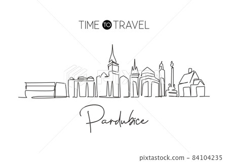 Single continuous line drawing Pardubice city skyline, Czech Republic. Famous city scraper landscape. World travel home wall decor art poster concept. Modern one line draw design vector illustration 84104235