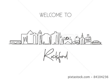 Continuous one line drawing Rockford city skyline, Illinois. Beautiful landmark. World landscape tourism travel wall decor poster print art. Stylish single line draw graphic design vector illustration 84104236