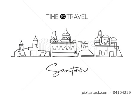 Single one line drawing Santorini city skyline, Greece. World historical town landscape. Best holiday destination postcard. Editable stroke trendy continuous line draw design vector illustration 84104239