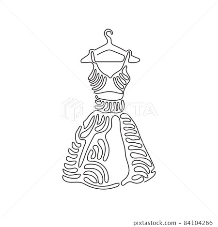 Single continuous line drawing elegant dress on shoulders icon. Dress hanger. Clothing store. Fashion boutique concept. Swirl curl style. Dynamic one line draw graphic design vector illustration Single continuous line drawing elegant dress on shoulders icon. Dress hanger. Clothing store. Fashion boutique concept. Swirl curl style. Dynamic one line draw graphic design vector illustration 84104266
