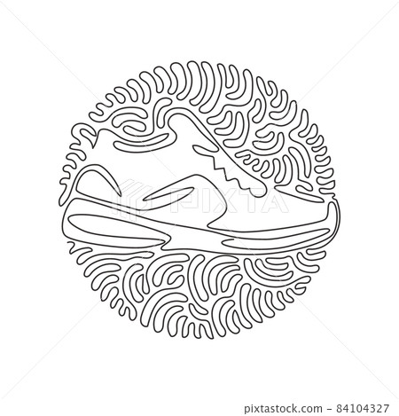 Single continuous line drawing fitness sneakers shoes for training. Sport running shoe for training and fitness. Swirl curl circle background style. One line draw graphic design vector illustration 84104327