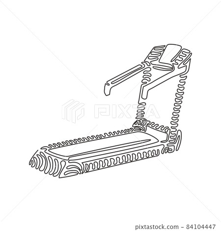 Continuous one line drawing professional treadmill with incline. Sports fitness exercise equipment, running treadmill for workout. Swirl curl style. Single line draw design vector graphic illustration Continuous one line drawing professional treadmill with incline. Sports fitness exercise equipment, running treadmill for workout. Swirl curl style. Single line draw design vector graphic illustration 84104447