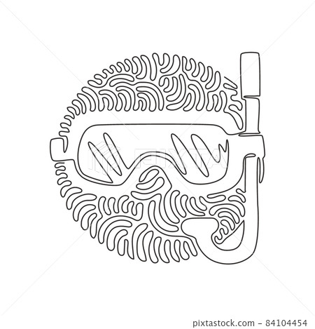 Continuous one line drawing scuba diving mask with snorkel. Diving mask. Mask and snorkel for swimming. Scuba diving concept. Swirl curl circle background style. Single line draw design vector graphic 84104454