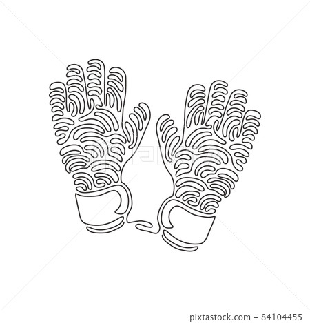 Single continuous line drawing Goalkeeper gloves. Goalkeeper protection gloves. Soccer goalkeepers gloves. Outdoor sport. Swirl curl style. Dynamic one line draw graphic design vector illustration 84104455