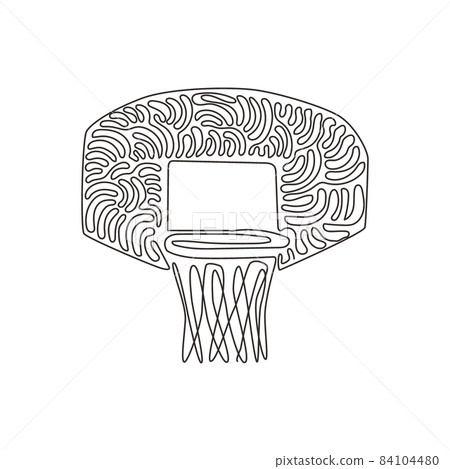 Continuous one line drawing basketball hoop, basketball basket. Net with round circle, equipment of sport gym. Sportive basket. Swirl curl style. Single line draw design vector graphic illustration Continuous one line drawing basketball hoop, basketball basket. Net with round circle, equipment of sport gym. Sportive basket. Swirl curl style. Single line draw design vector graphic illustration 84104480