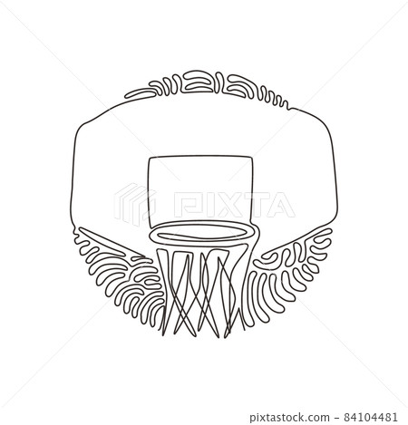 Continuous one line drawing basketball hoop, basketball basket. Net with round circle, equipment of sport gym. Swirl curl circle background style. Single line draw design vector graphic illustration Continuous one line drawing basketball hoop, basketball basket. Net with round circle, equipment of sport gym. Swirl curl circle background style. Single line draw design vector graphic illustration 84104481