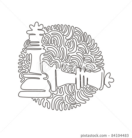 Single continuous line drawing figures of wooden chess on chessboard. King, queen of opposing team's. Swirl curl circle background style. Dynamic one line draw graphic design vector illustration Single continuous line drawing figures of wooden chess on chessboard. King, queen of opposing team's. Swirl curl circle background style. Dynamic one line draw graphic design vector illustration 84104483