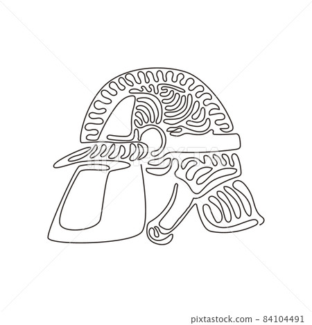 Single continuous line drawing red firefighter helmet with protective glass. Equipment for firefighter or volunteer. Swirl curl style concept. Dynamic one line draw graphic design vector illustration Single continuous line drawing red firefighter helmet with protective glass. Equipment for firefighter or volunteer. Swirl curl style concept. Dynamic one line draw graphic design vector illustration 84104491