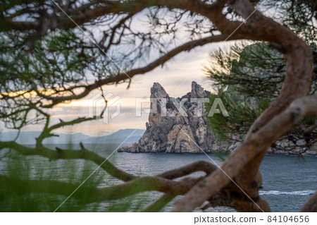 Pine tree branches and mountain massive Karaul Oba in background. Novyi Svit, Crimea Pine tree branches and mountain massive Karaul Oba in background. Novyi Svit, Crimea 84104656