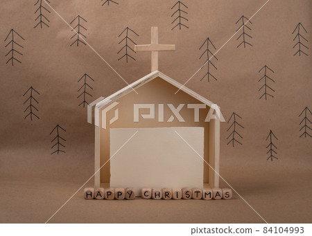 Hand made wooden Church and blank card with space for invitation or greeting. Minimal eco Christmas concept. 84104993