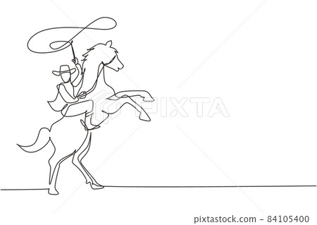 Continuous one line drawing cowboy throwing lasso riding rearing up horse. American cowboy riding horse and throwing lasso. Cowboy with rope lasso on horse. Single line draw design vector graphic Continuous one line drawing cowboy throwing lasso riding rearing up horse. American cowboy riding horse and throwing lasso. Cowboy with rope lasso on horse. Single line draw design vector graphic 84105400