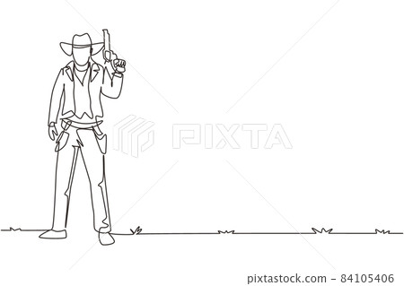Single continuous line drawing smart cowboy with hat holding his gun. American gunslinger style holding gun concept. Weapons for self-defense. Dynamic one line draw graphic design vector illustration 84105406