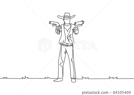 Continuous one line drawing wild west gunslinger holding two guns. American cowboys aiming two pistols in the desert. Weapons for self-defense. Single line draw design vector graphic illustration 84105409