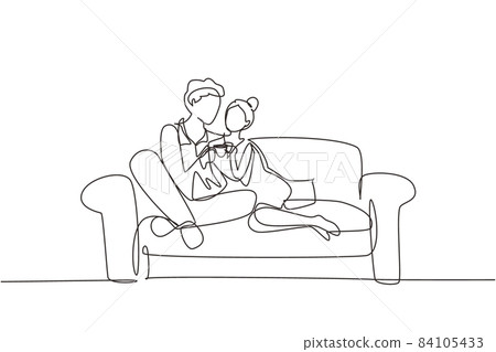 Single one line drawing happy couple sitting on the sofa, talking and drinking coffee. Man and woman have relaxing day off at living room. Romance and love concept. Continuous line draw design vector 84105433