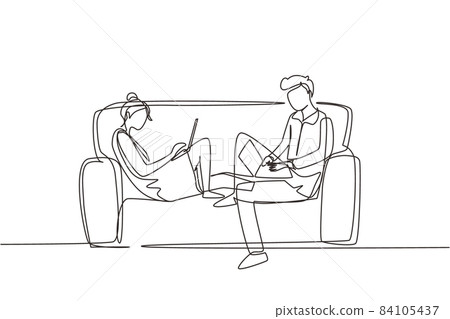 Single continuous line drawing young couple using laptop on sofa and obsessed with devices gadgets, people internet technology addiction concept. One line draw graphic design vector illustration 84105437