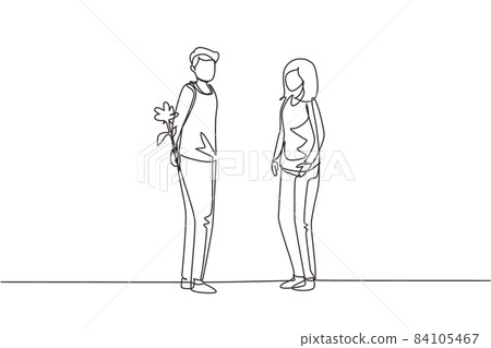 Single one line drawing cute couple in romantic pose. Happy man