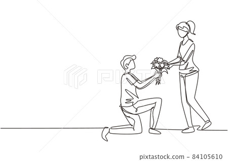 Single one line drawing man on knee making marriage proposal to woman with bouquet. Boy in love giving flowers. Happy couple getting ready for wedding. Continuous line draw design graphic vector Single one line drawing man on knee making marriage proposal to woman with bouquet. Boy in love giving flowers. Happy couple getting ready for wedding. Continuous line draw design graphic vector 84105610