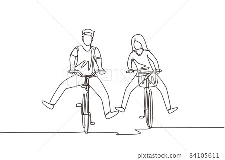 Continuous one line drawing happy funny young couple riding on bicycle. Romantic teenage couple ride bike. Young man and woman in love. Happy married couple. Single line draw design vector graphic Continuous one line drawing happy funny young couple riding on bicycle. Romantic teenage couple ride bike. Young man and woman in love. Happy married couple. Single line draw design vector graphic 84105611