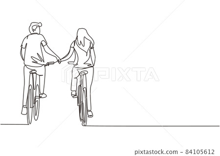 Single one line drawing happy couple ride bicycles in meadow back to camera and holding hands. Young man and woman in love. Happy romantic married couple. Continuous line draw design graphic vector Single one line drawing happy couple ride bicycles in meadow back to camera and holding hands. Young man and woman in love. Happy romantic married couple. Continuous line draw design graphic vector 84105612