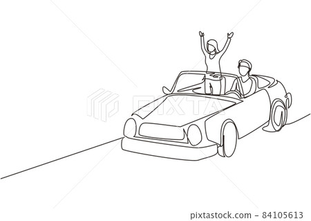 Single continuous line drawing happy couple riding car going on road trip. Romantic man and woman driving in cabriolet car. Couple summer vacation travel.. Dynamic one line draw graphic design vector Single continuous line drawing happy couple riding car going on road trip. Romantic man and woman driving in cabriolet car. Couple summer vacation travel.. Dynamic one line draw graphic design vector 84105613