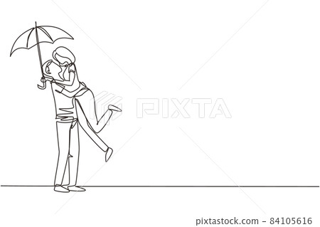 Single continuous line drawing cute couple in love under rain with umbrella. Happy man and woman walking at park and jumping. Married couple romantic relationship. One line draw graphic design vector Single continuous line drawing cute couple in love under rain with umbrella. Happy man and woman walking at park and jumping. Married couple romantic relationship. One line draw graphic design vector 84105616