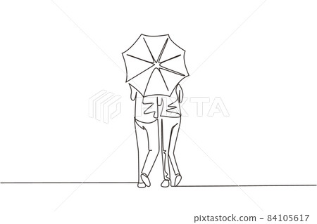 Single one line drawing back view young couple man woman, cute girl and boy walking holding umbrella under rain. Romantic couple at rainy autumn weather. Continuous line draw design graphic vector 84105617