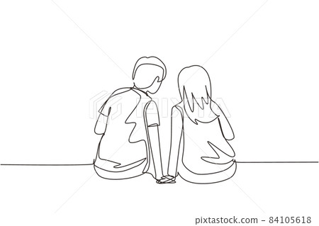Continuous one line drawing back view people in love sit holding hands and looking at moon and stars. Man and woman enjoying romantic nature together. Single line design vector graphic illustration Continuous one line drawing back view people in love sit holding hands and looking at moon and stars. Man and woman enjoying romantic nature together. Single line design vector graphic illustration 84105618