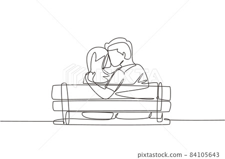 Single one line drawing couple sweet kissing sitting on bench in park romantic scenery. Happiness guy and girl relationship in love. Modern continuous line draw design graphic vector illustration 84105643