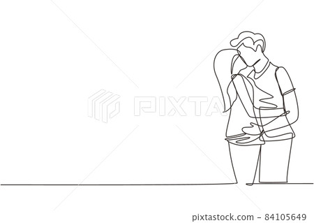 Single one line drawing boy and girl in love and kissing. Couple lovers kissing and hugging. Happy man and woman celebrating wedding anniversary. Continuous line design graphic vector illustration Single one line drawing boy and girl in love and kissing. Couple lovers kissing and hugging. Happy man and woman celebrating wedding anniversary. Continuous line design graphic vector illustration 84105649