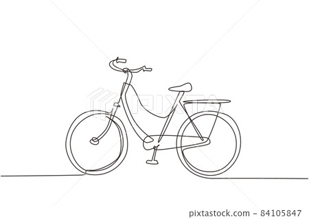 Single one line drawing side view vintage retro urban city bicycle, ecological sport transport. Relaxing bike for community. Healthy lifestyle by cycling. Continuous line draw design graphic vector 84105847
