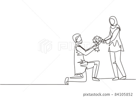 Single continuous line drawing Arab man on knee making marriage proposal to woman with bouquet. Boy in love giving flowers. Happy couple getting ready for wedding. One line draw graphic design vector Single continuous line drawing Arab man on knee making marriage proposal to woman with bouquet. Boy in love giving flowers. Happy couple getting ready for wedding. One line draw graphic design vector 84105852